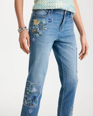 Chico's Outlet Aquamarine Indigo Floral Patchwork Girlfriend Crop Jeans