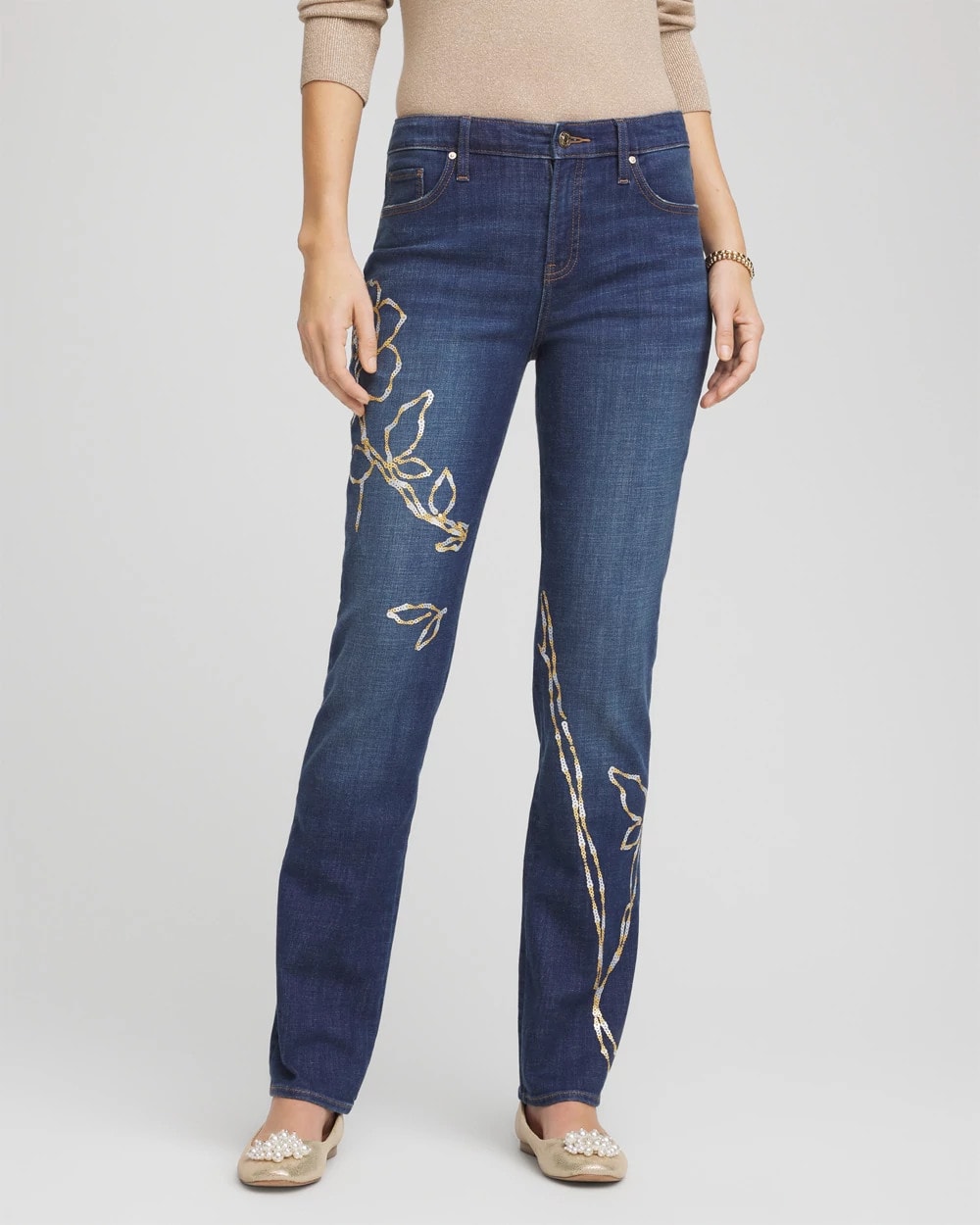 Chico's Sale Sequoia Indigo Sequins Rose Girlfriend Slim-Leg Jeans