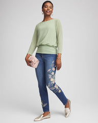 Chico's Outlet Dragon Road Indigo Appliqué Girlfriend Slim Ankle Jeans