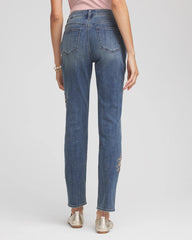 Chico's For Sale Brilliant Blue Indigo Embellished Starbursts Girlfriend Slim Ankle Jeans