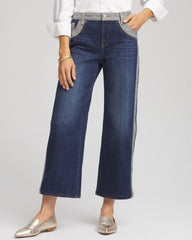 Chico's Discount Eclipse Indigo Girlfriend Cropped Colorblock Wide-Leg Jeans