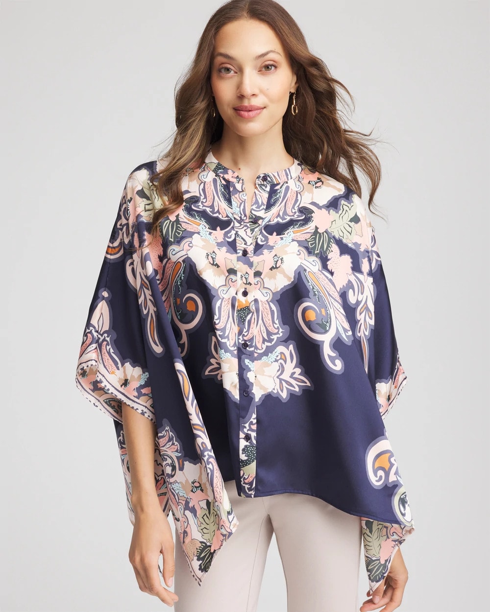 Chico's Discount Passport Blue Collarless Floral-Paisley Poncho