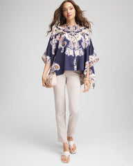 Chico's Discount Passport Blue Collarless Floral-Paisley Poncho
