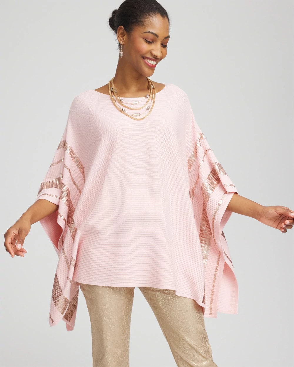 Chico's Discount Blushed Sequin Striped Sweater Poncho