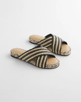 Chico's For Sale Black Raffia Striped Raffia Cross-Strap Slide Sandal