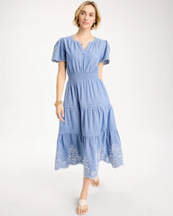 Chico's On Sale Light Indigo Chambray Embroidered Dress