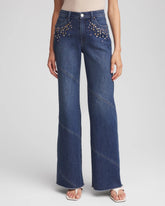 Chico's On Sale Irvina Indigo Embellished Frayed Flared-Leg Jeans