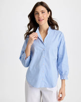 Chico's Outlet Tidal Blue Striped Poplin Ruffle Neck Shirt