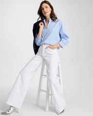 Chico's Outlet Tidal Blue Striped Poplin Ruffle Neck Shirt