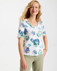 Chico's Sale Passport Blue Printed Cotton Slub V-Neck Tee