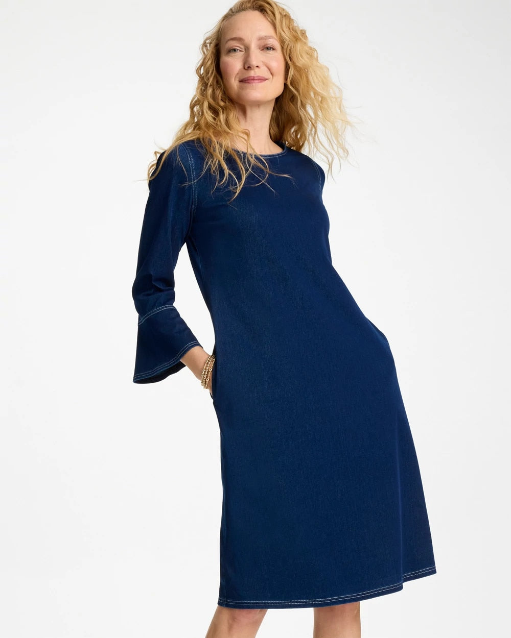 Chico's Outlet Indigo Bell Sleeve Knit Denim Dress