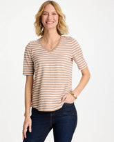 Chico's Discount Cattail Brown Striped Cotton Slub V-Neck Tee