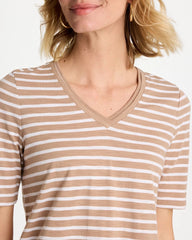Chico's Discount Cattail Brown Striped Cotton Slub V-Neck Tee