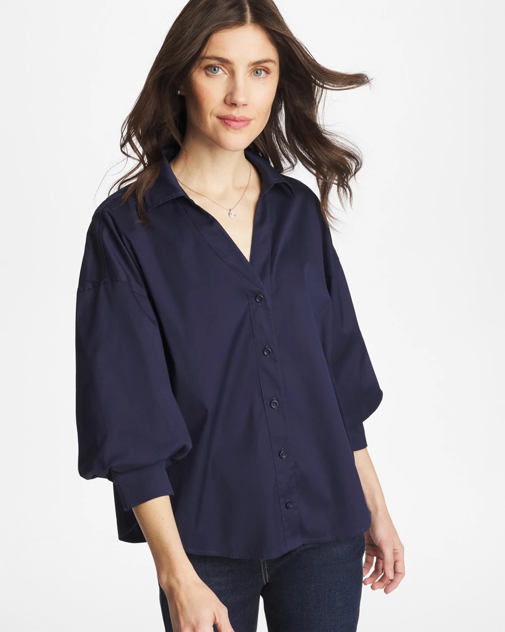Chico's On Sale Passport Blue Poplin Billow Sleeve Blouse