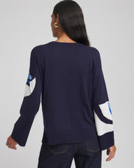 Chico's Outlet Tidal Blue Floral Intarsia Crewneck Pullover