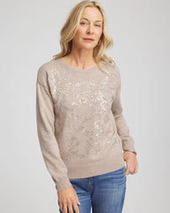 Chico's Outlet Smokey Taupe Floral Sequined Pullover