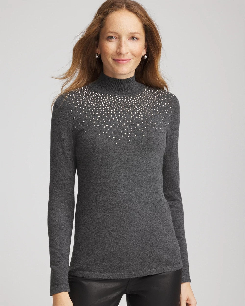 Chico's Discount Graphite Gray Ella Rhinestone Mockneck Sweater