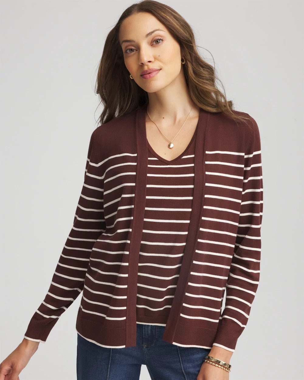 Chico's Online Cacao Ella Striped Long-Sleeve Cardigan