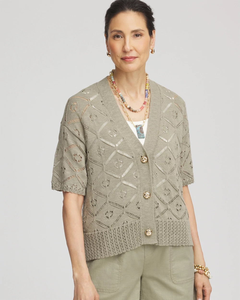 Chico's Sale Washed Sage Short Button-down Cardigan