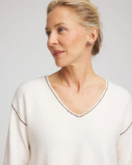 Chico's Discount English Cream Contrast Stitch V-Neck Sweater