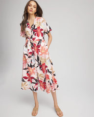 Chico's Sale Multi Tonal Floral Ruffle-Sleeved Midi Dress