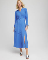 Chico's Discount Blue Pearl Belted Split Hem Maxi Shirtdress