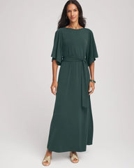 Chico's Outlet Darkest Spruce Belted Flutter-Sleeve Maxi Dress