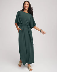 Chico's Outlet Darkest Spruce Belted Flutter-Sleeve Maxi Dress