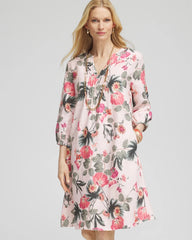 Chico's Discount Multi Floral Linen Pintuck 3/4 Sleeved Dress
