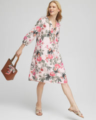 Chico's Discount Multi Floral Linen Pintuck 3/4 Sleeved Dress