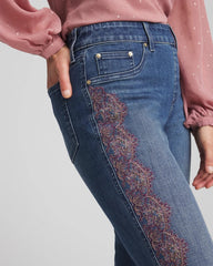 Chico's Outlet Alpine Indigo Lace Embroidered Pull-On Straight Jeans