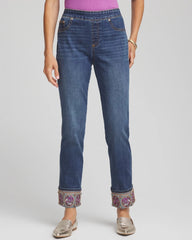 Chico's Discount Buttercup Indigo Embellished Pull-On Slim Ankle Jeggings
