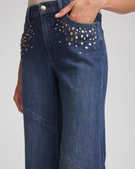 Chico's Sale Irvina Indigo Embellished Frayed Flared-Leg Jeans