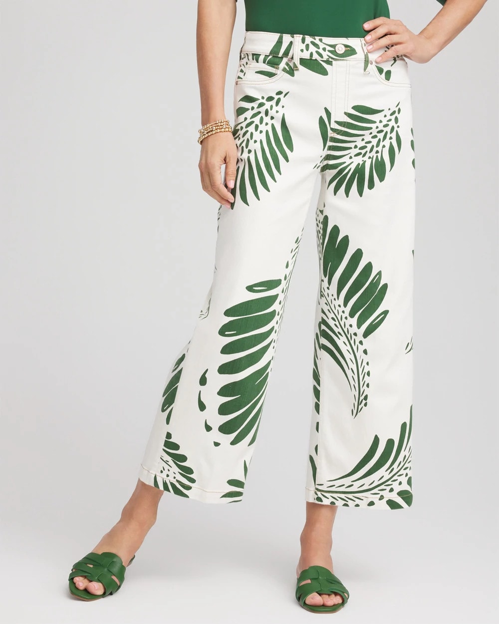 Chico's Outlet Ecru Palm-Frond-Motif Pull-On Wide-Leg Cropped Jeans