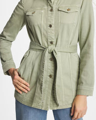 Chico's On Sale Seagrass Green Elongated Belted Denim Jacket