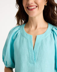 Chico's Discount Bondi Blue Linen Trapunto Popover Top