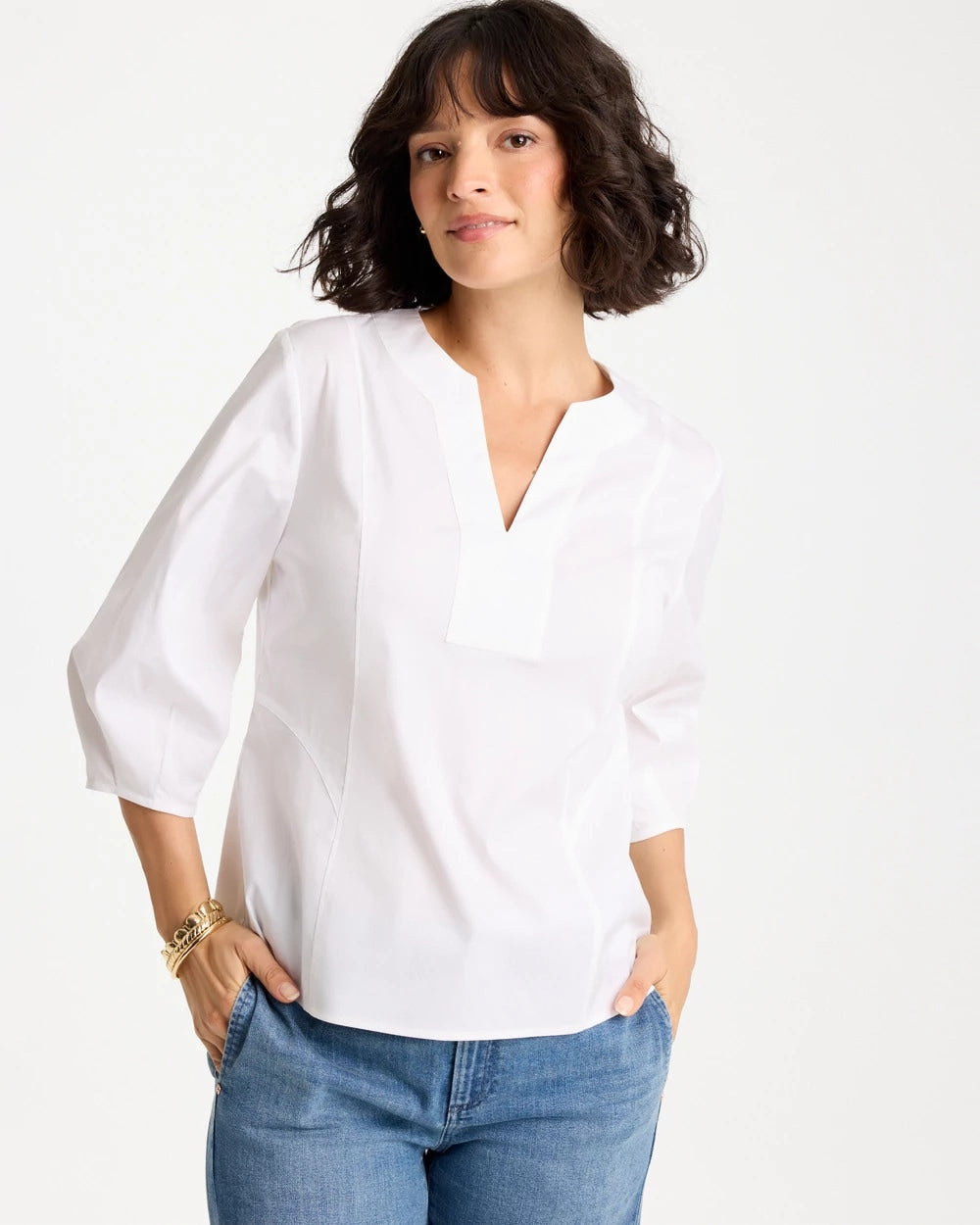 Chico's Outlet Alabaster Poplin Cotton 3/4 Sleeve Popover