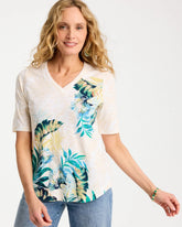 Chico's For Sale Topanga Green Printed Cotton Slub V-Neck Tee
