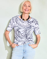 Chico's Online Passport Blue Abstract Pima Elbow Sleeve Tee