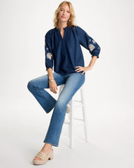 Chico's For Sale Passport Blue Embroidered Denim Henley Tee