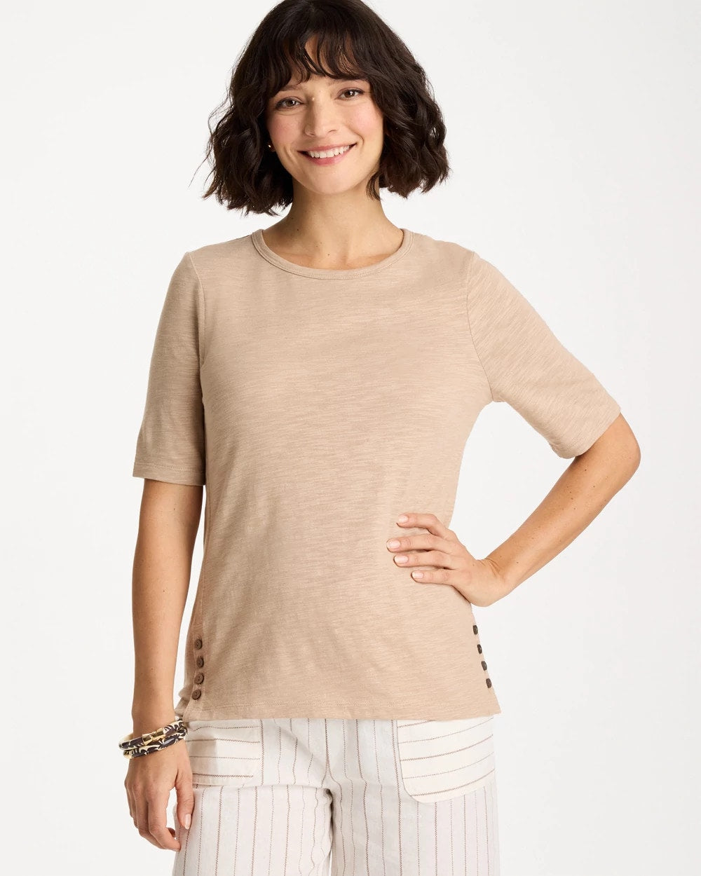 Chico's Sale Mocha Mousse Foil Print Cotton Slub Elbow-Sleeve Tee