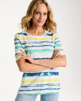 Chico's On Sale Sage Lime Striped Cotton Slub Elbow-Sleeve Tee