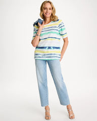 Chico's On Sale Sage Lime Striped Cotton Slub Elbow-Sleeve Tee