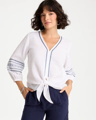 Chico's Online Alabaster Cotton Gauze Embroidered Tie-Front Blouse