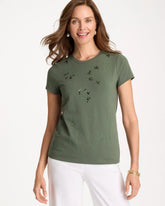 Chico's Discount Kelp Forest Embellished Cotton Stretch Cap-Sleeve Tee