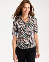 Chico's Outlet Lagoon Blue Tiger Print Textured Camp Tee