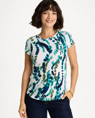 Chico's On Sale Topanga Green Printed Textured Knit Cap Sleeve Tee