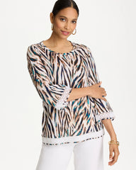 Chico's Online Lagoon Blue Tiger Linen Crochet Lace Tee