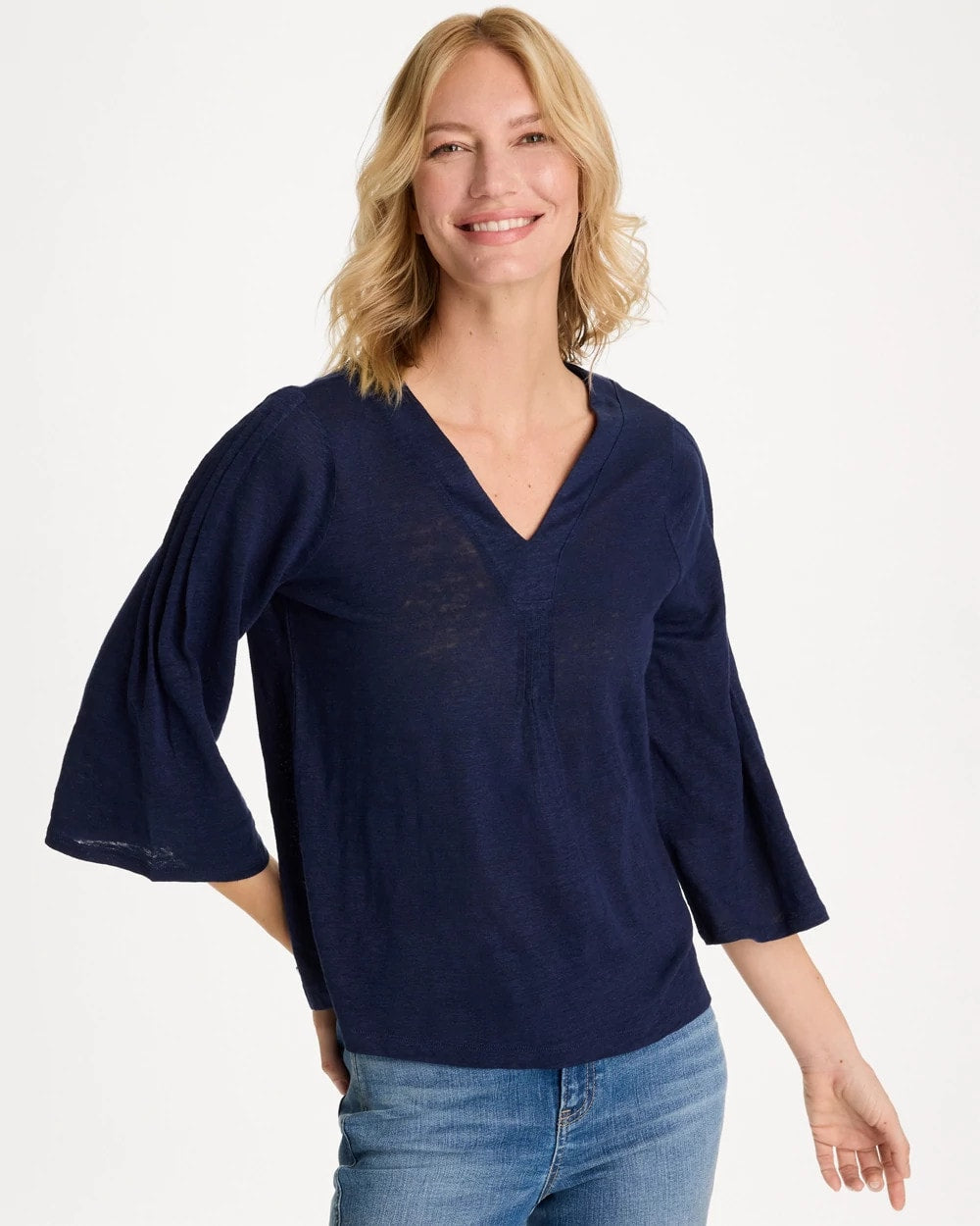 Chico's On Sale Passport Blue Linen Pleated Pintuck Tee