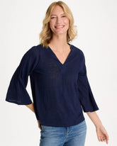 Chico's On Sale Passport Blue Linen Pleated Pintuck Tee